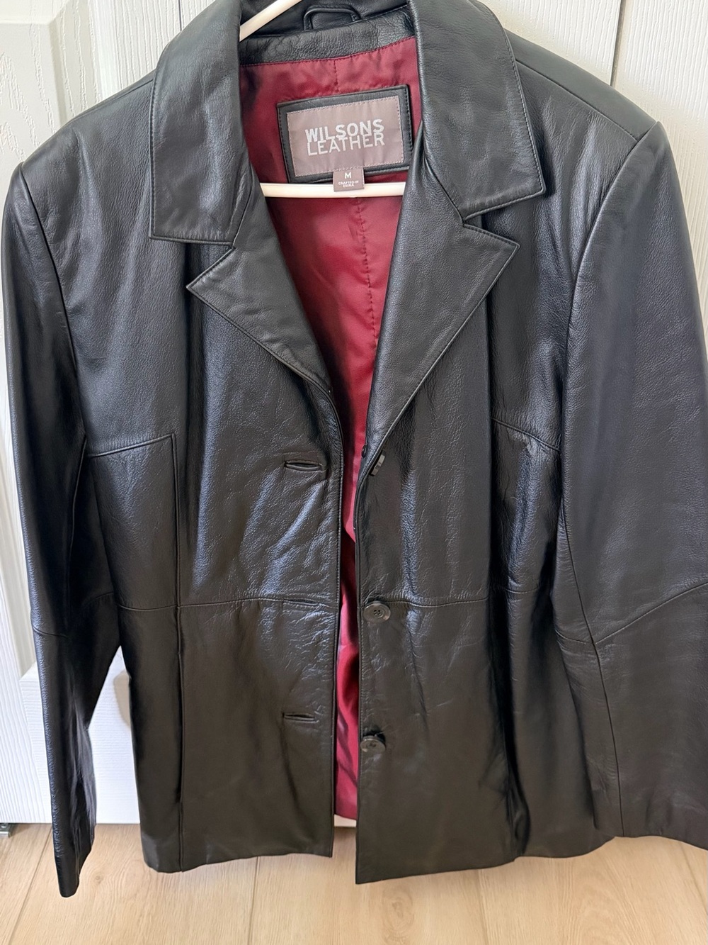 Wilsons Leather Black Leather Pea Coat Blazer with Burgundy Lining